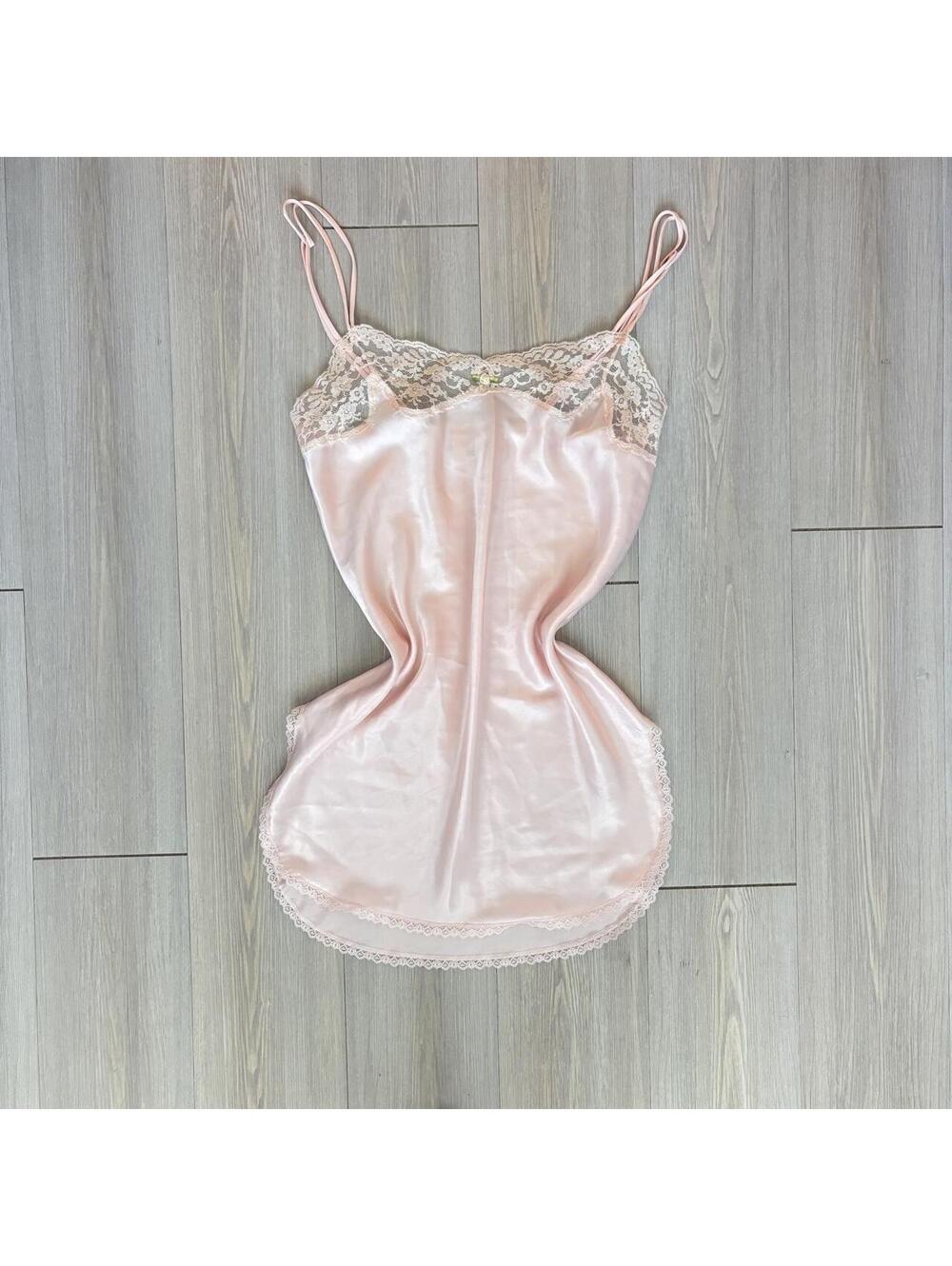 Vintage Victoria's Secret Gold Label Pink Satin Lace Trim Slip Top Small/Medium